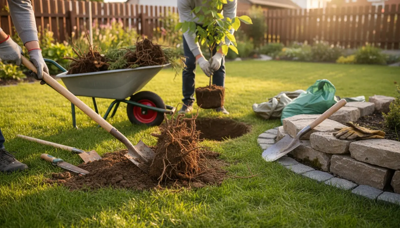 Havehjælp graver to døde thujaer op, flytter en ung valnød og samler sten og haveaffald i en baghave.
