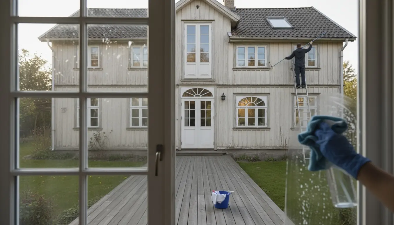 Glovede hænder pudser små ruder i en dobbeltdør, mens en vinduespudser på stige renser de øverste Dannebrog-vinduer på et to-etagers hus.