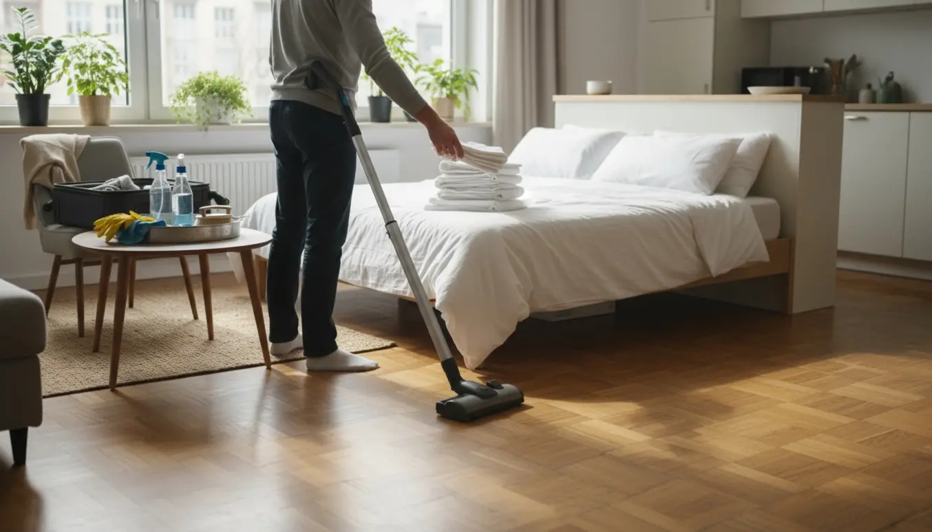 En rengøringsperson med ansigt ude af billedet støvsuger og lægger rene lagner i en moderne lejlighed badet i sollys.
