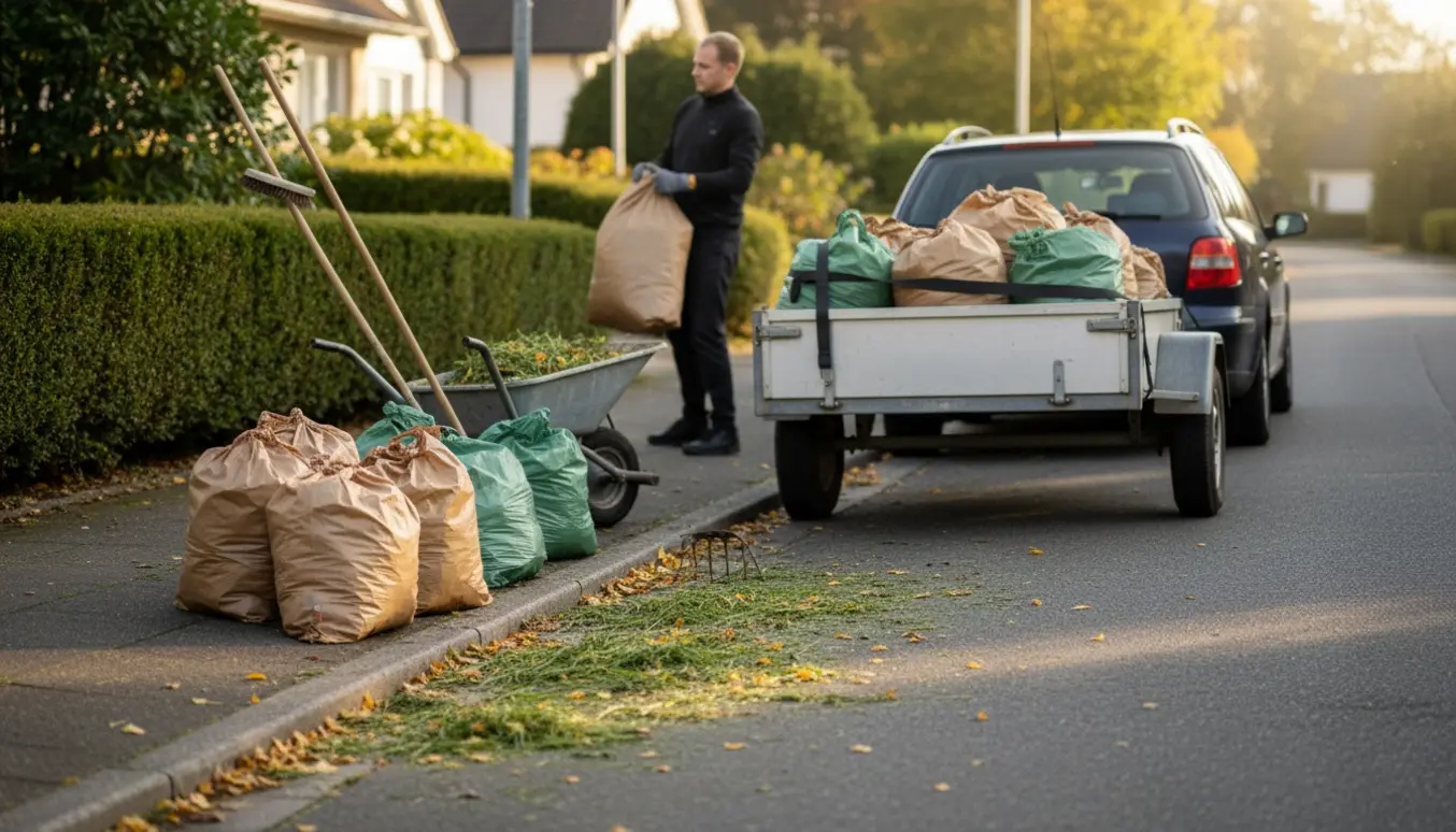 Færdigfyldte sække med haveaffald ved vejkanten klar til at blive læsset på en trailer.