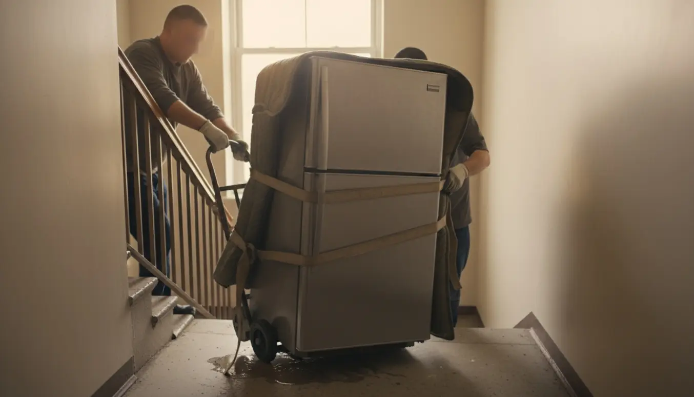 To personer bærer et stort amerikansk køleskab ned ad en smal trappe med tæpper og stropper, og smeltet frost ved fryseren viser skade.