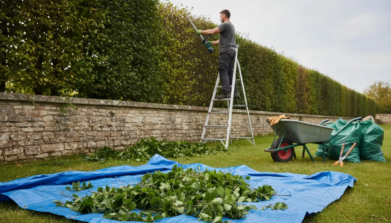 Håndværker trimmer en lang bøgehæk på en lav stenmurs kant med værktøj og grønne affaldssække klar til bortskafning.