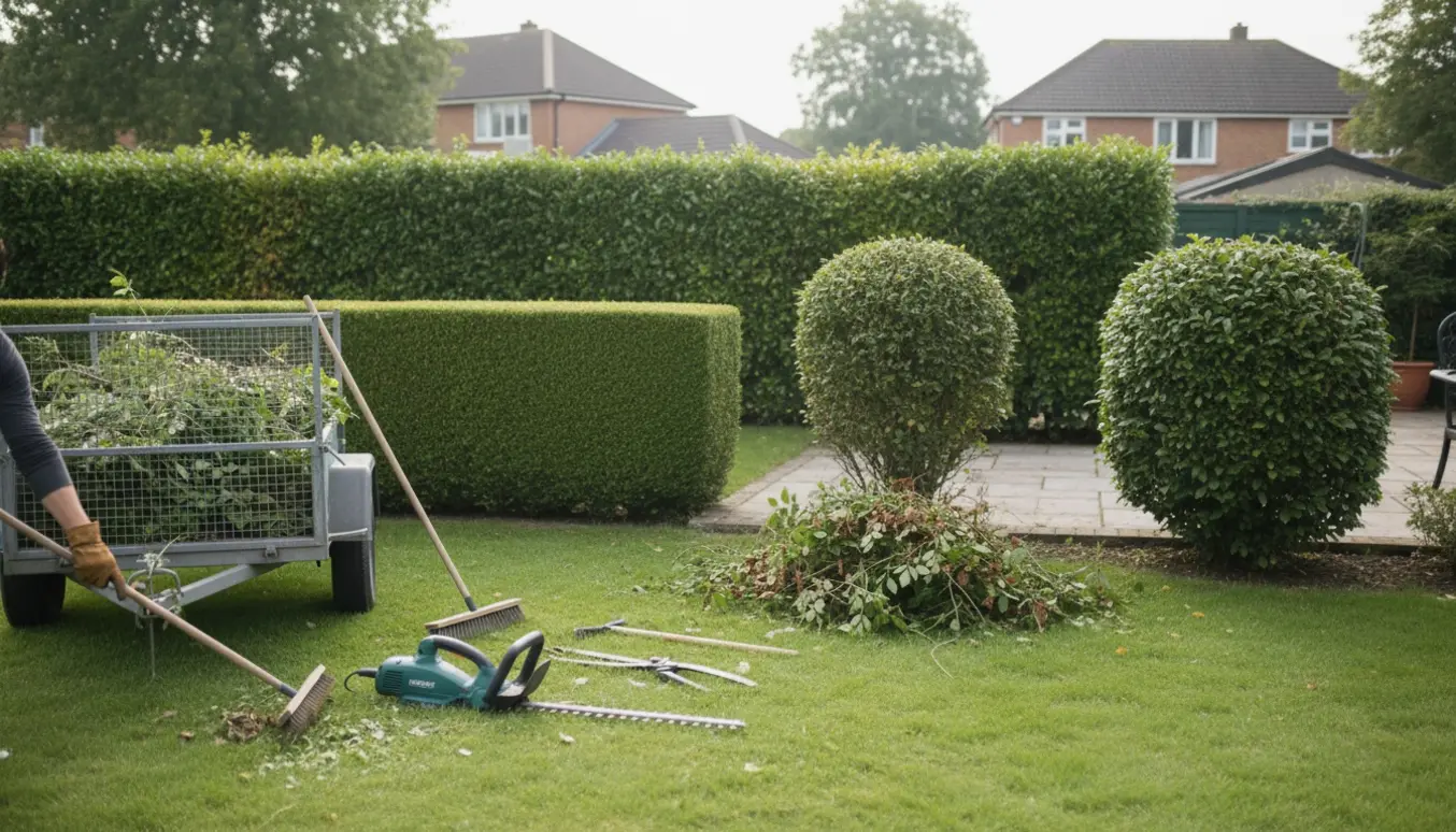 Træer og hække klippet og beskåret i en have med hækklipper, grensaks, rive og trailer klar til bortkørsel.