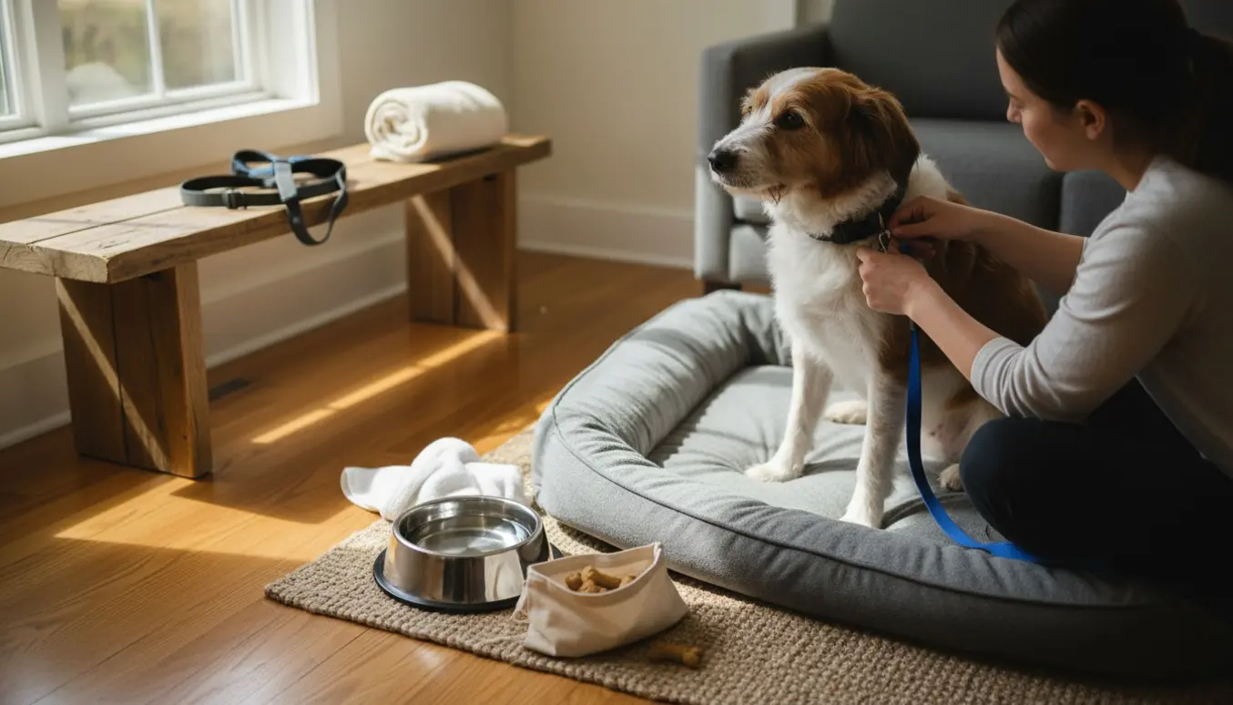 En hundepasser fastgør snoren til en rolig hund i en solbeskinnet stue med hundeseng og vandskål.
