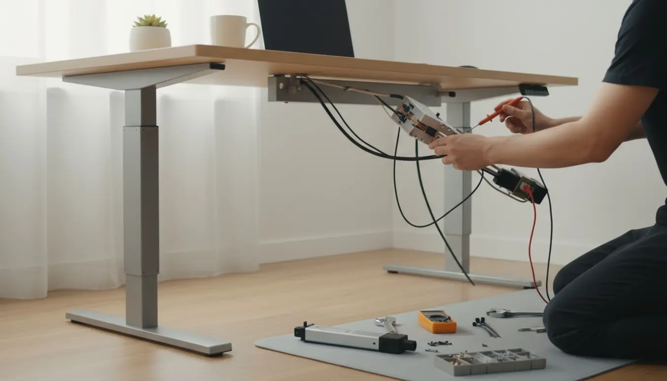 Hæve-sænkebord står skævt mens hænder reparerer løftemekanismen med værktøj under bordet.