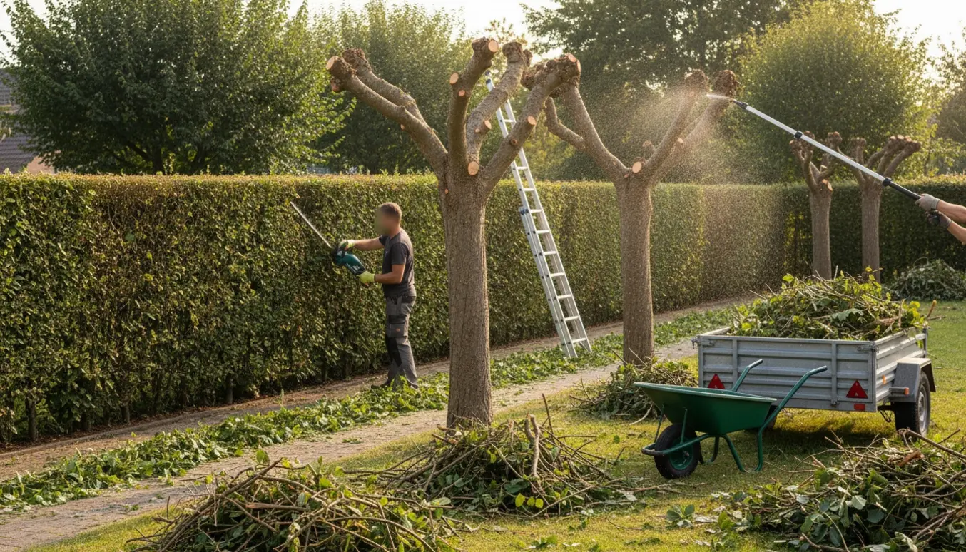 En havearbejder klipper en lang hæk og beskærer flere træer, med bunker af afklip og en trillebør klar til at køre haveaffald væk.