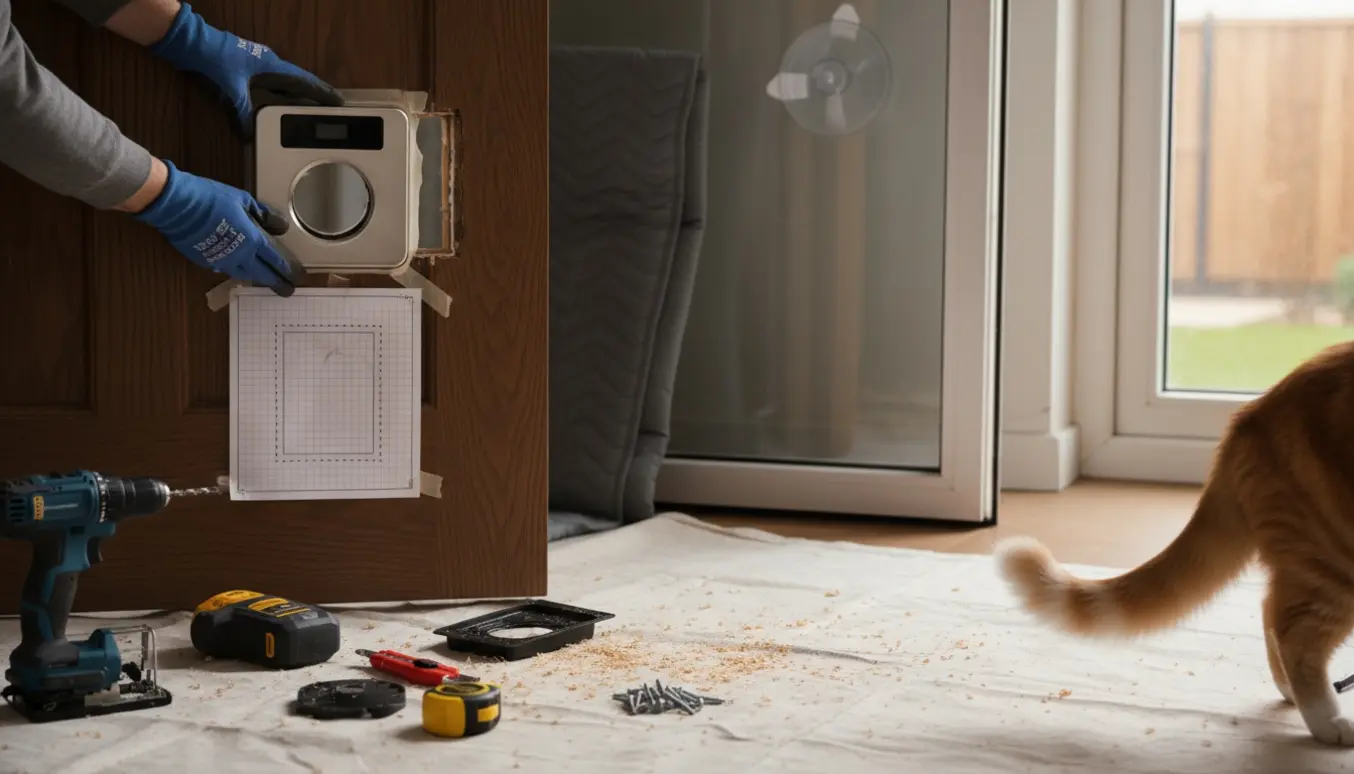 Nærbillede af installation af kattelem med chiplæser i en dør med værktøj og savspåner omkring.