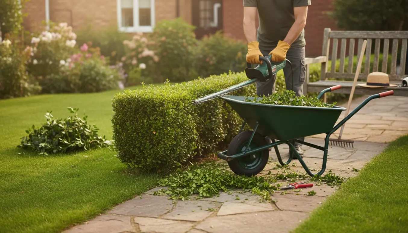 Person trimmer en lille hæk og buske i en solbeskinnet have med grønne afklip i en trillebør.