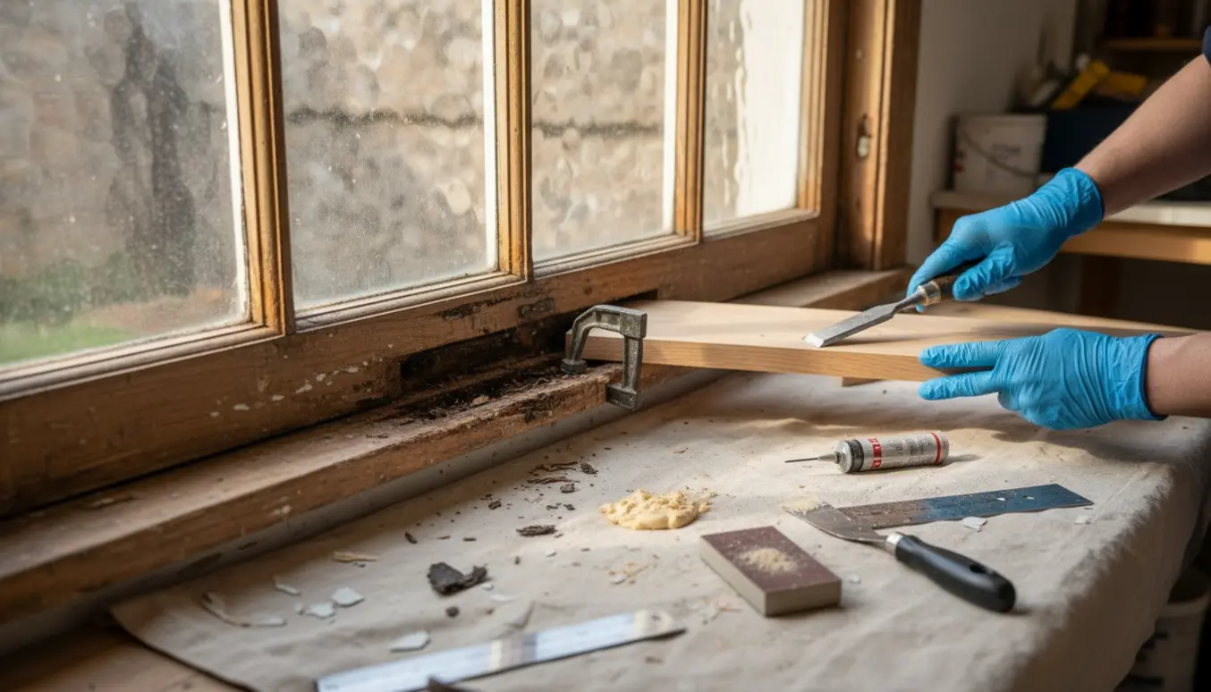 Nærbillede af reparation af rådne bundstykker i et gammelt trævindue med håndværktøj.