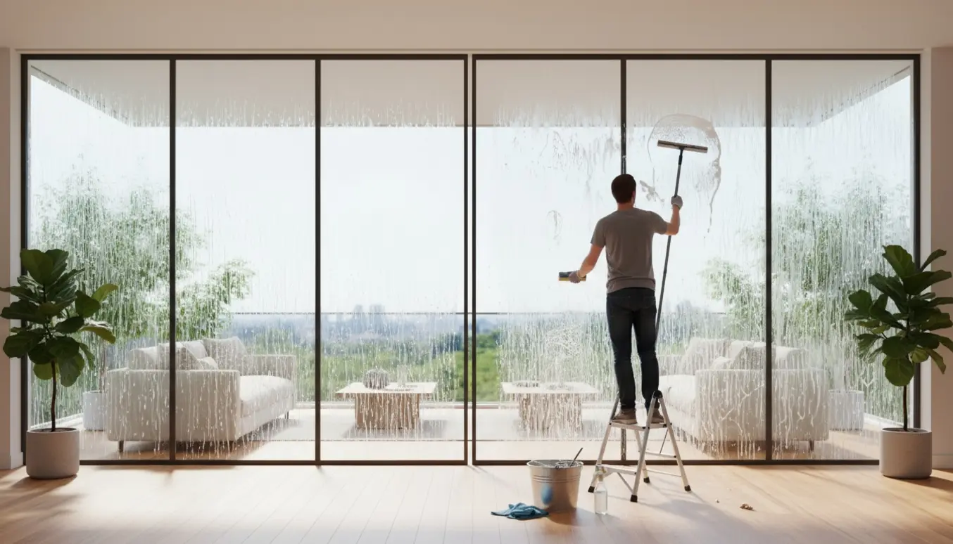 Person pudser to store vinduespartier i et lyst rum, hvor den ene rude er beskidt og den anden er nyligt renset.