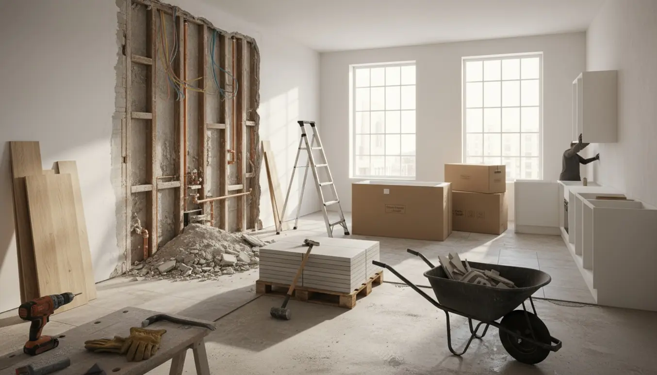 Interiør under totalrenovering med nedrevne vægge, byggematerialer og håndværkeres hænder uden synlige ansigter.