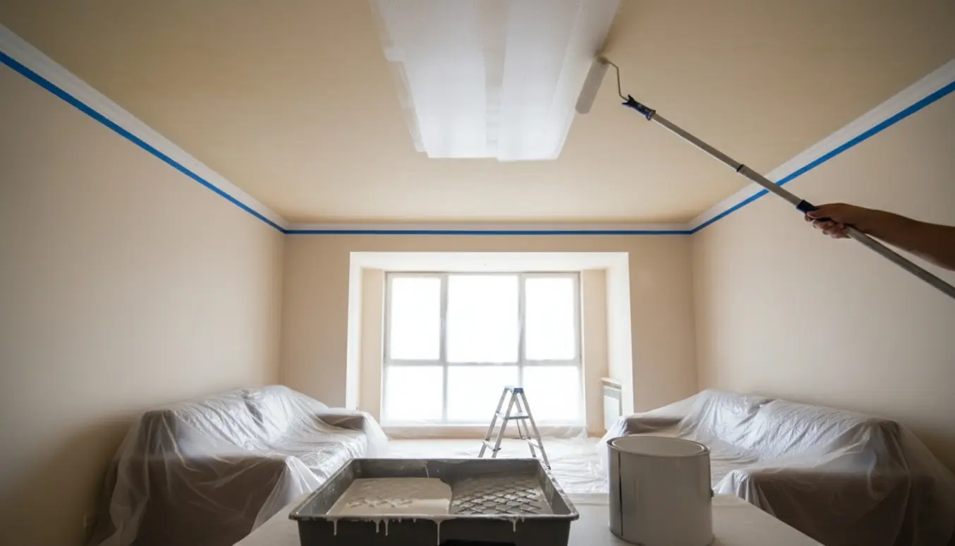 Arm med malerrulle på forlængerskaft påfører første lag hvid maling på et loft i en lys lejlighed.