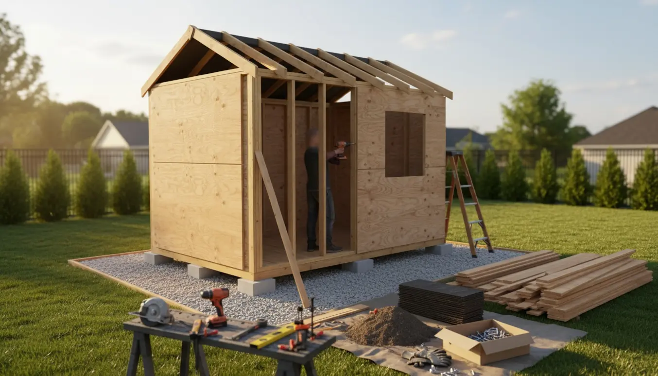 Delvist opført træskur i baghaven med værktøj og materialer klar til færdiggørelse.