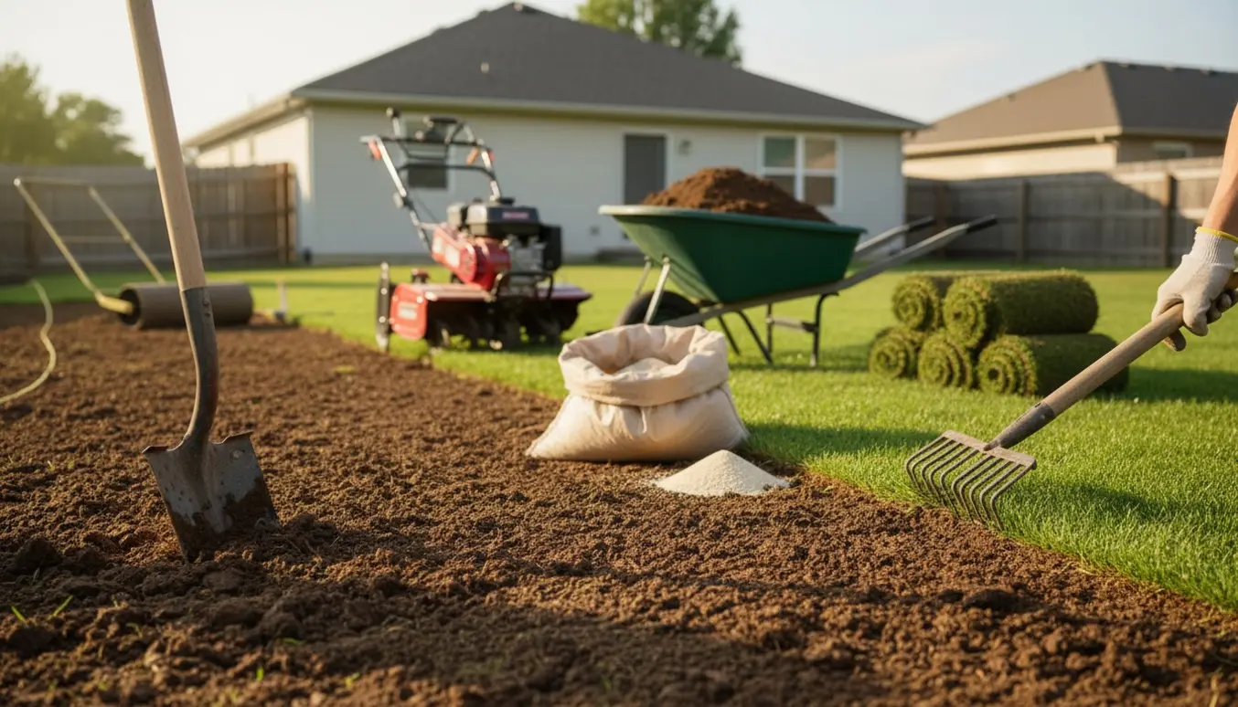 Nyt græs anlagt med frisk jord, rullevendt græstørv og haveredskaber i en forstadshave.