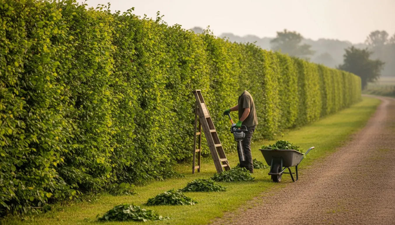 Lang, nyklippet bøgehæk langs en sti med beskæringsredskaber og afskårne kviste i forgrunden.