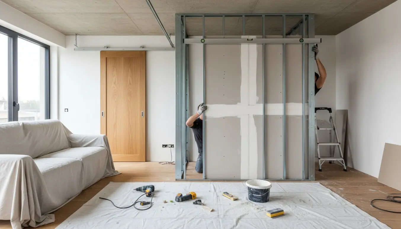 Halvfærdig gips skillevæg i stuen med loftmonteret skinnesystem til skydedør og værktøj omkring.