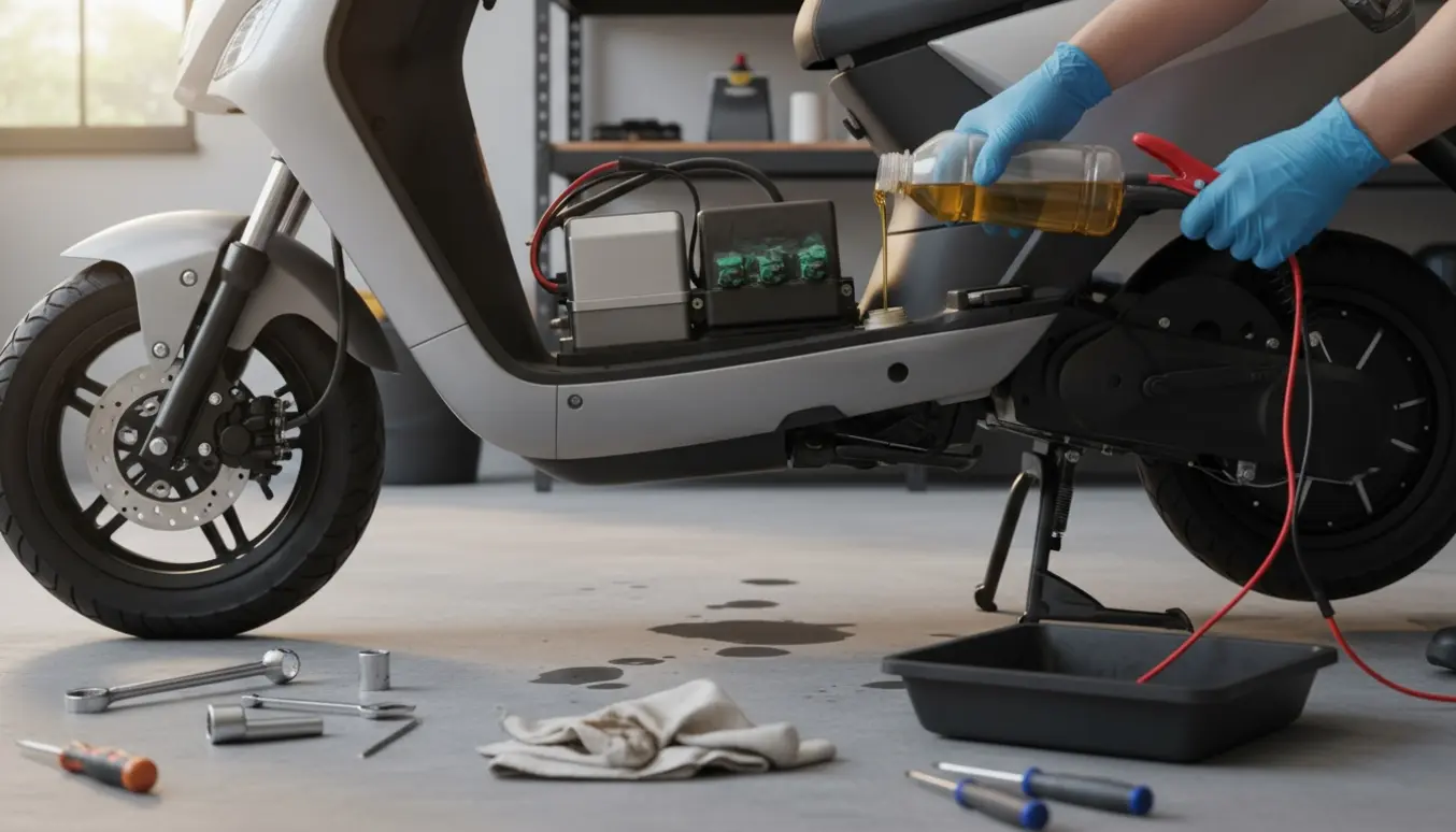 En scooter i en garage med åben motor, olie, batteri og værktøj mens hænder undersøger fejlen.