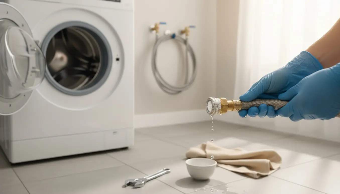 Nærbillede af en løsnet vaskemaskinevandstuds med kalkfilter og værktøj foran en åben vaskemaskine.