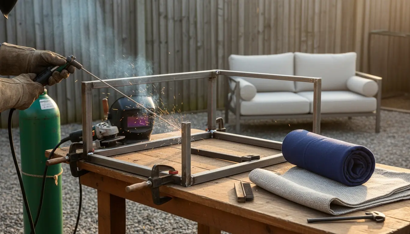 Nærbillede af svejsning af en enkeltsædes sofa i metal udendørs med gnister og værktøj.