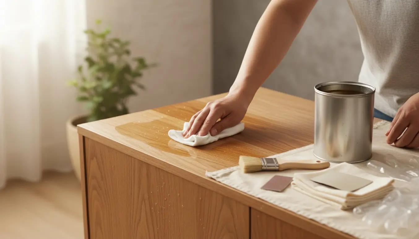 Hænder oliebehandler toppen af en træskænk med en klud i et solbelyst rum.