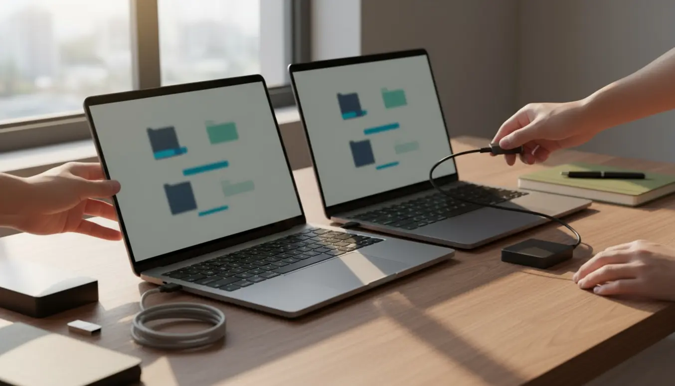 To bærbare computere på et skrivebord, hvor hænder tilslutter en ekstern SSD for at overføre programmer og data.
