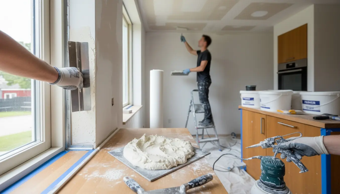 Køkken under renovering med spartelkanter ved vindueslysning, filt og lofter under maling.