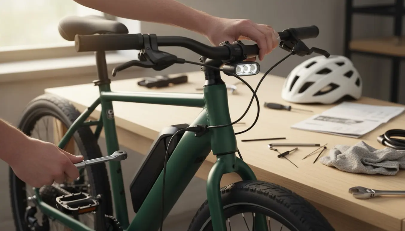 Nærbillede af hænder, der monterer pedal, lygte, lås og oplader på en ny elcykel i et lyst værksted.