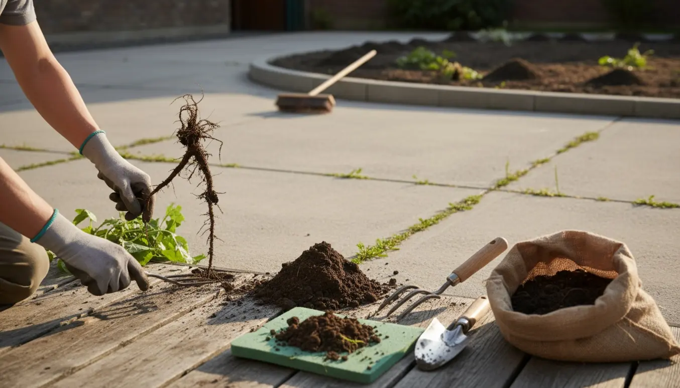 Nærbillede af handskerede hænder, der trækker ukrudt op mellem terrassebrædder med bunker af ukrudt og haveværktøj ved siden af.