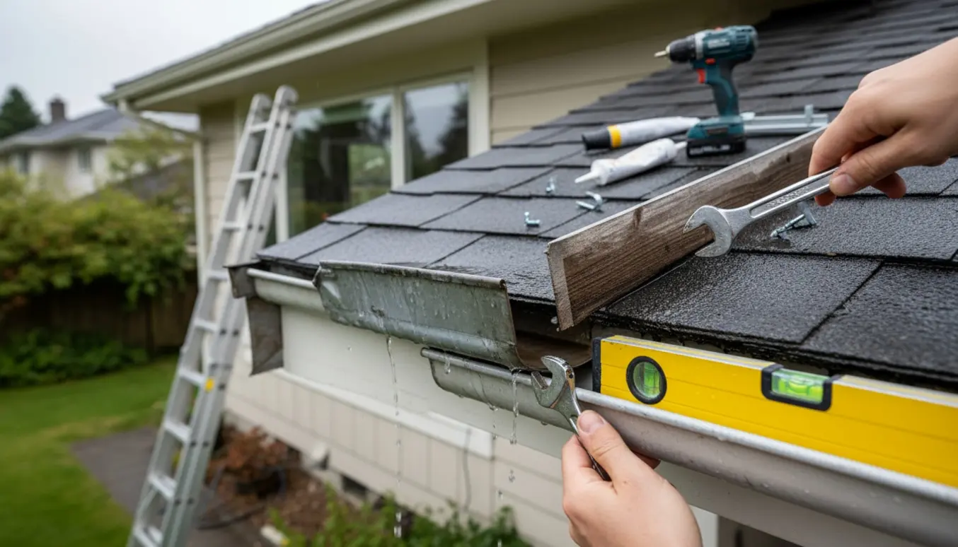 Nærbillede af en tagrende med vand, der løber den forkerte vej, mens en hånd retter hængsler fra en stige.