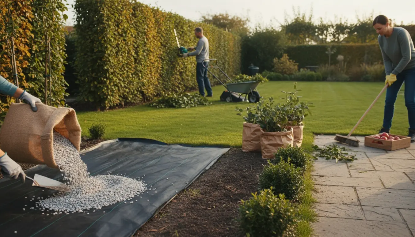 Velplejet have i gyldent lys med hæk der klippes, fliser der fejes, bed dækket med dug og pålagt granitskærver samt samlet haveaffald.