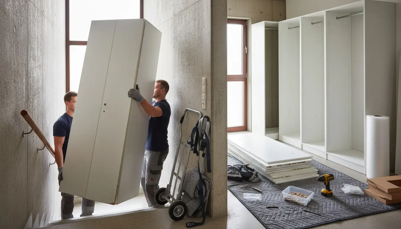 To personer bærer et brugt PAX-skab op ad en smal trappe, omgivet af værktøj, tæpper og skruer.