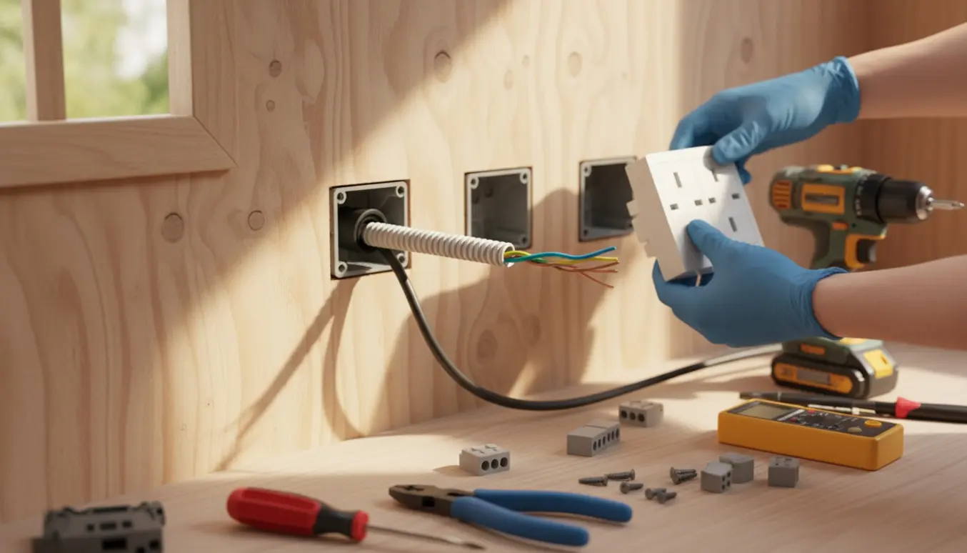 Indvendigt skur med installation af stikkontakter, ledning føres ind gennem en gummigennemføring.