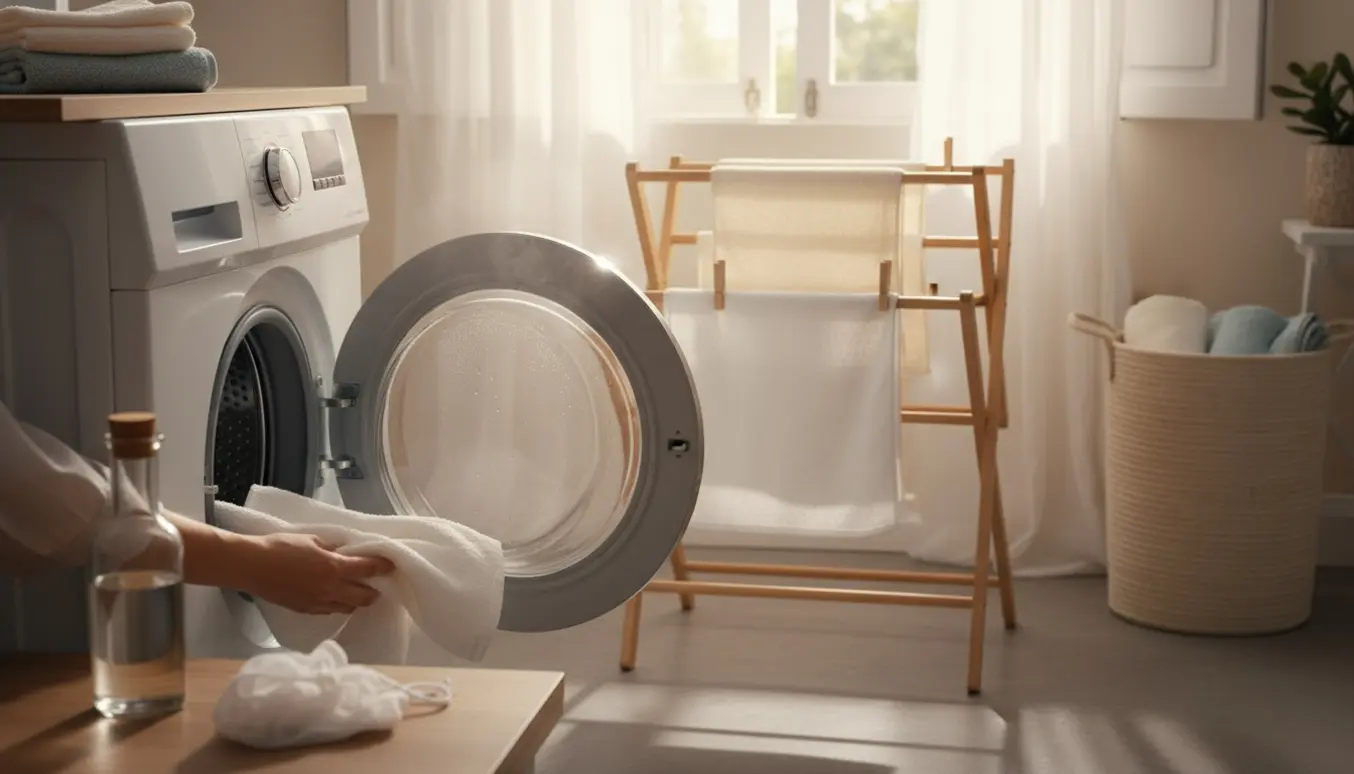 Små håndklæder på tørrestativ og en bunke nyvaskede håndklæder i et lyst vaskerum.