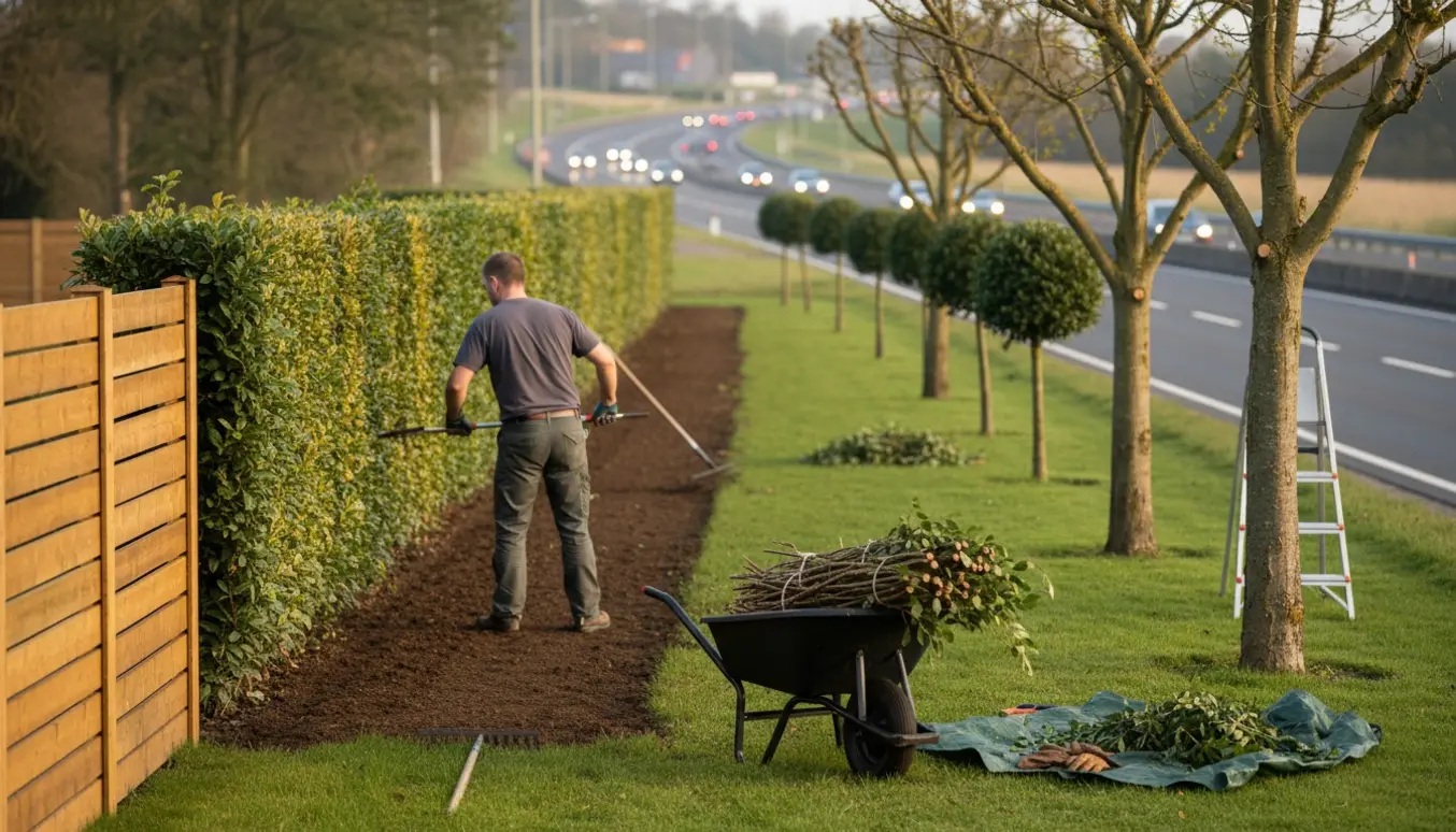Havearbejde med hækklipning, træbeskæring og jordjævning ved nyopført hegn langs en vej.