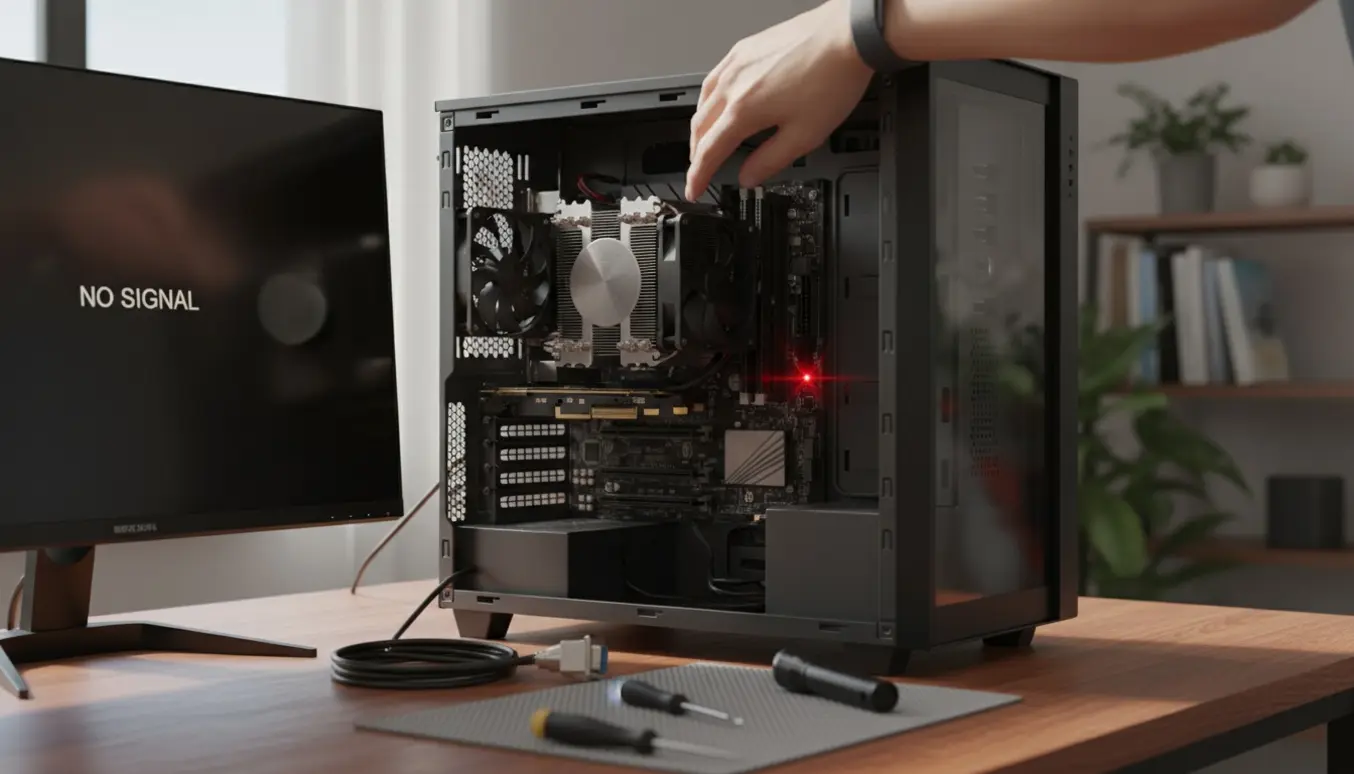 Åben pc på et arbejdsbord med et rødt VGA-diode lys på bundkortet og hænder, der tjekker grafikortet.