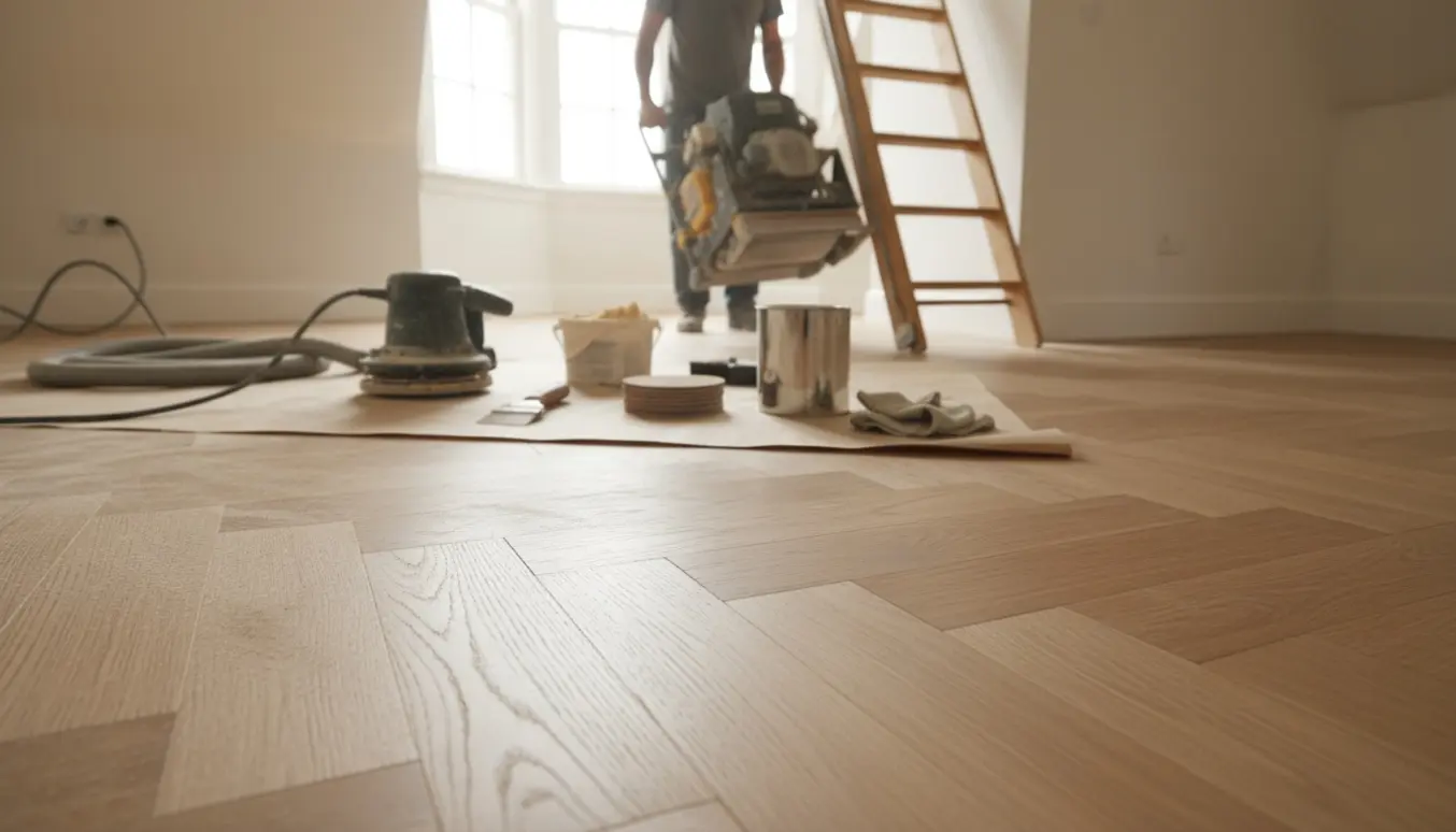 Massiv sildebensparket i eg under spartling, slibning og oliebehandling på 2. sal med en stige i trappeåbningen.