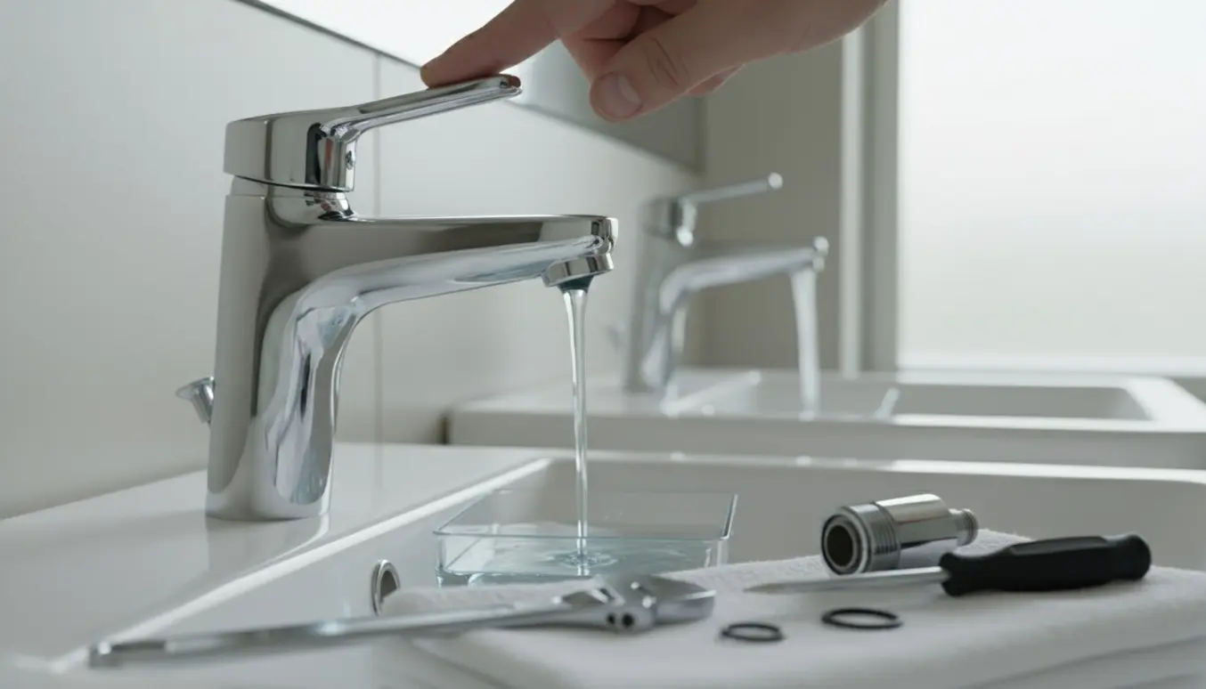 Nærbillede af et nyt chrome blandingsbatteri, hvor en hånd åbner for varmt vand, men kun en svag stråle kommer ud, med værktøj ved siden af.