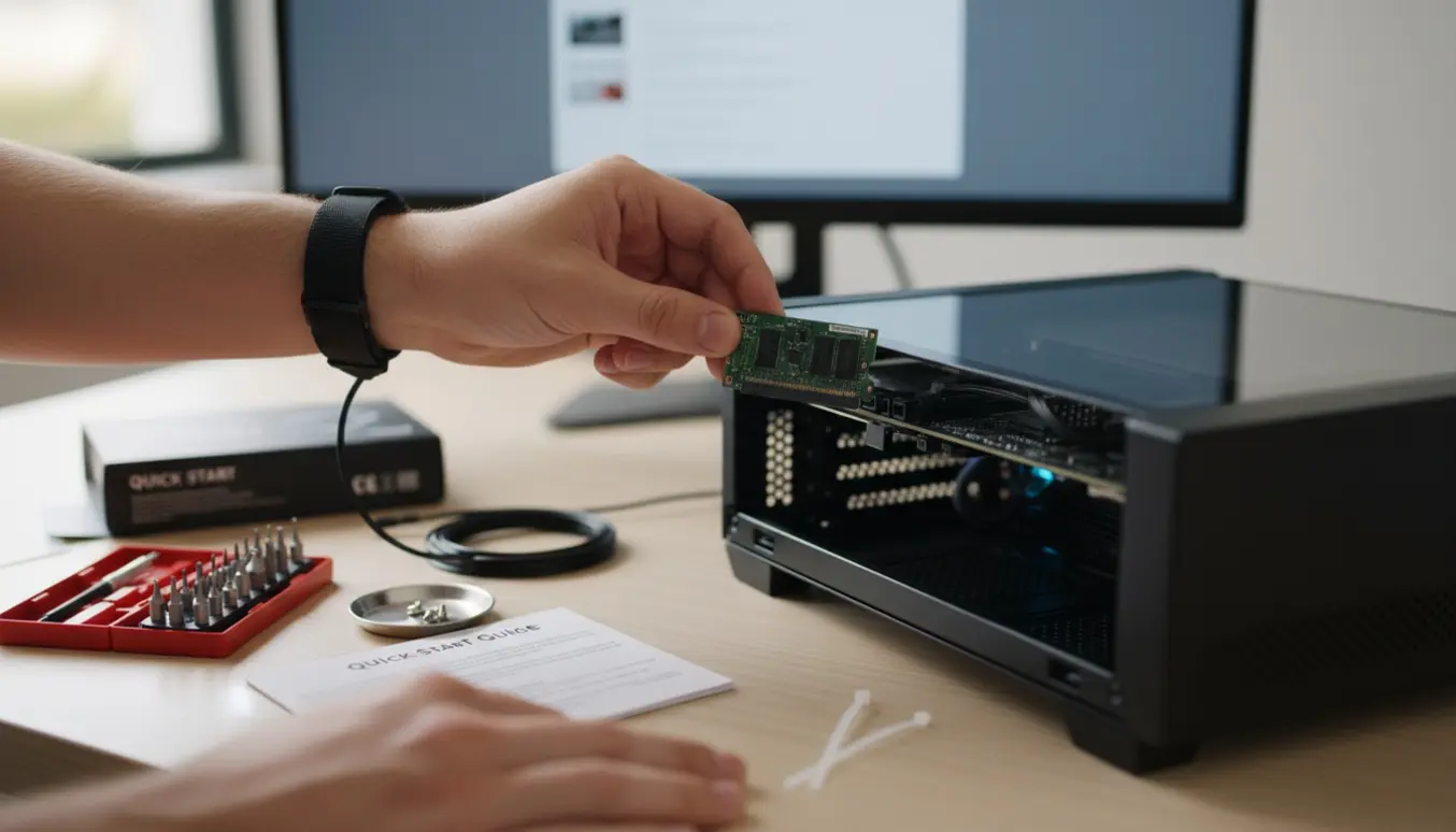 Nærbillede af hænder, der isætter en ny M.2 SSD i en åben stationær pc med værktøj og sløret skærm i baggrunden.