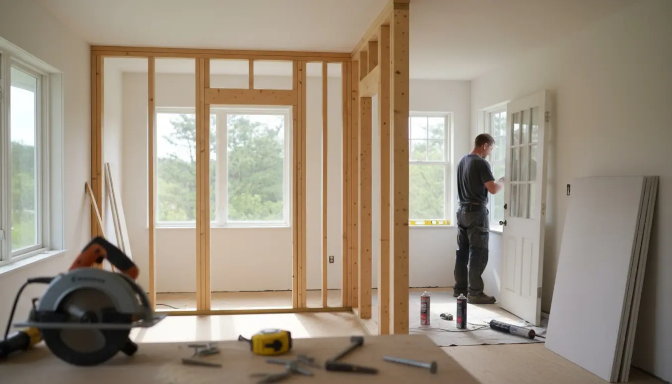 Sommerhusinteriør under ombygning med en ny skillevæg, dørkarm og montage af et vindue.