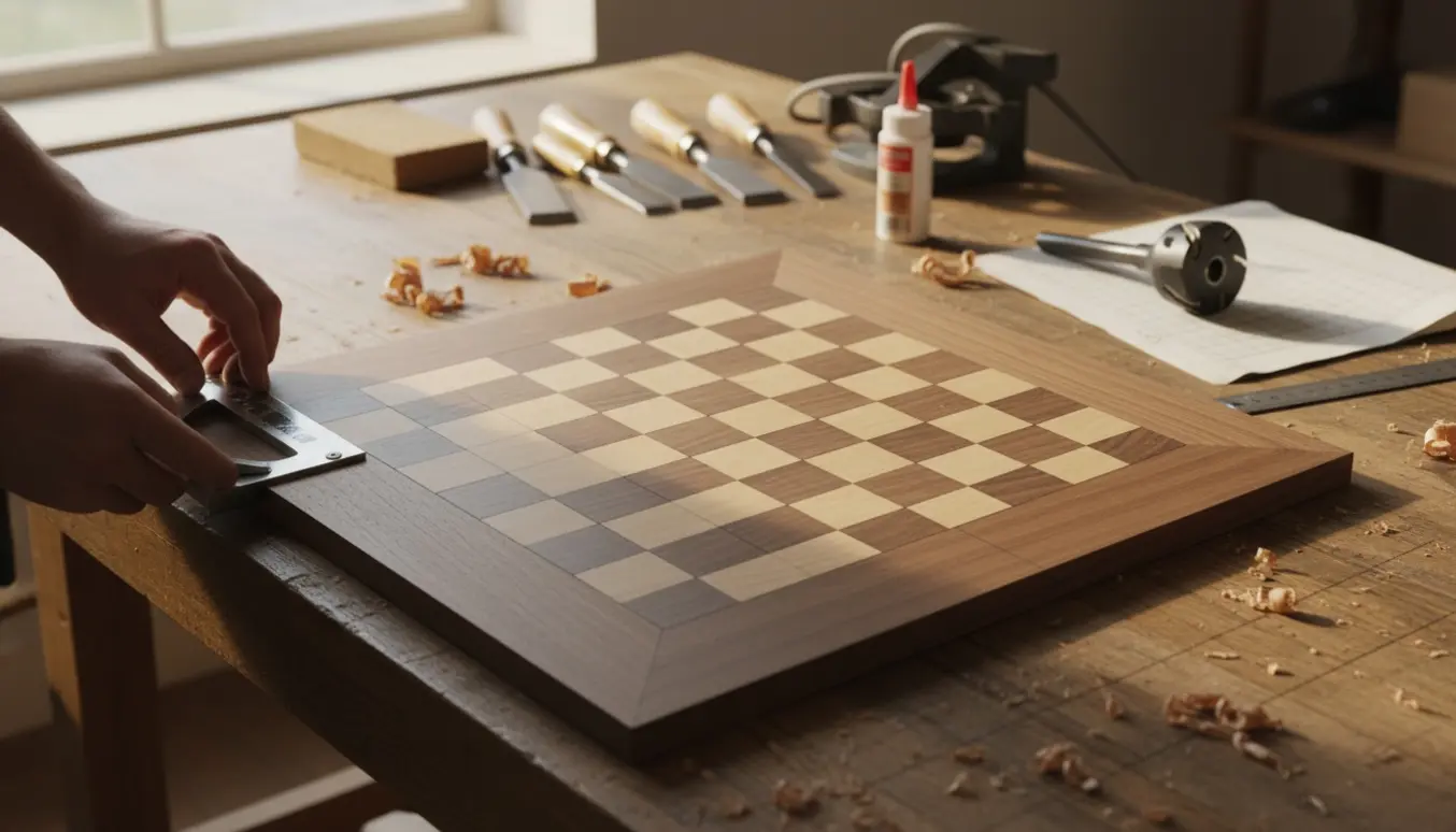 Et håndlavet skakbræt med præcise 6x6 cm felter og en bred 20 cm kant under fremstilling på et træarbejdsbord, omgivet af værktøj.