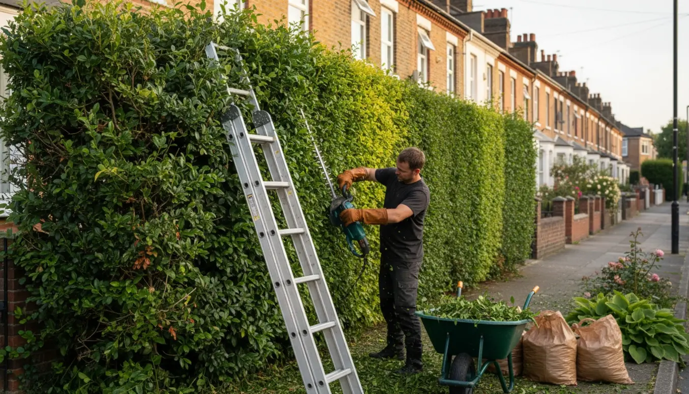 Tilgroet rækkehushæk bliver klippet med hækkeklipper, stige ved siden af og trillebør med afklip klar til bortskaffelse.