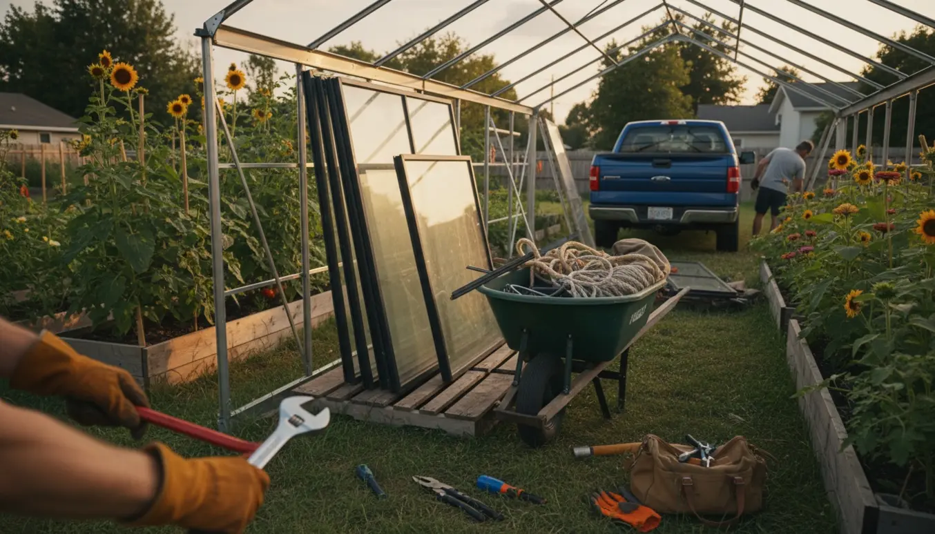 Delvist nedrevet drivhus i en have med stak glas og værktøj klar til afhentning.