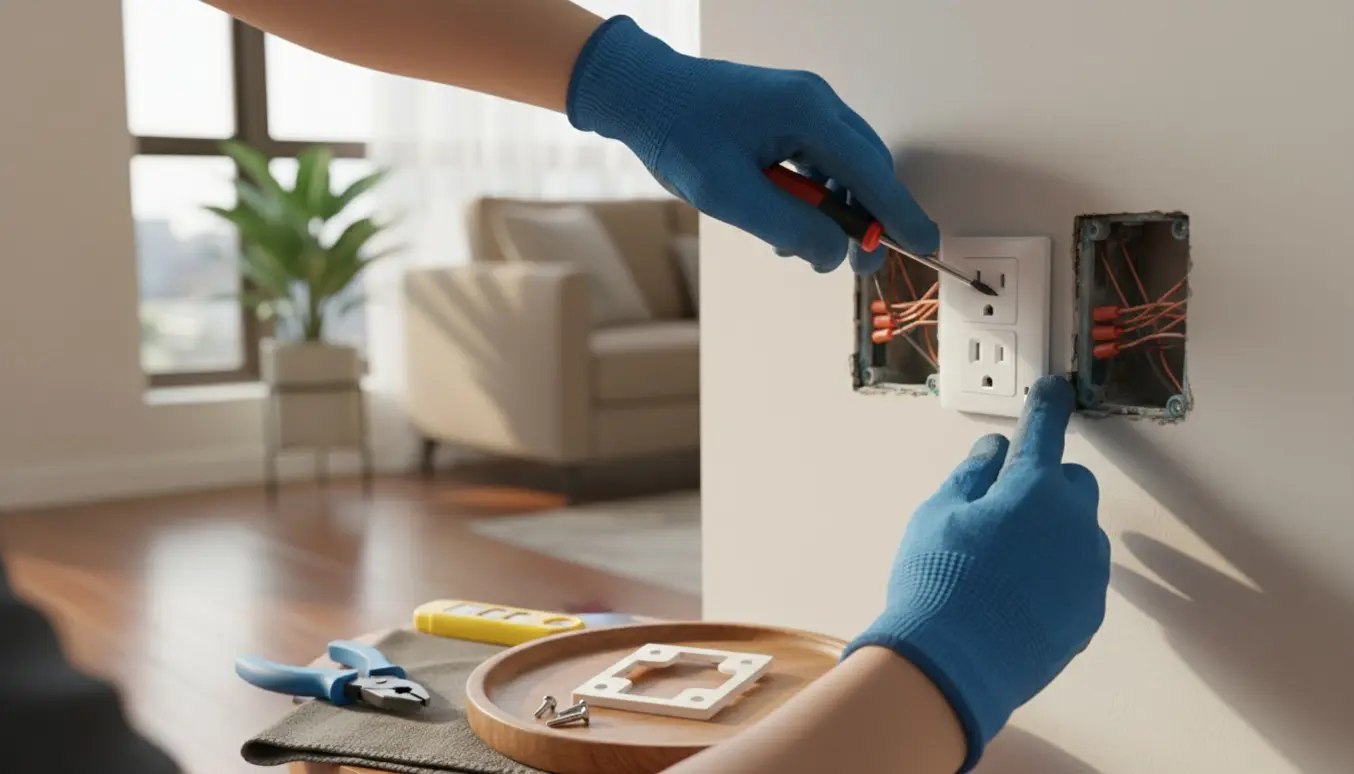 Hænder med isolerede handsker skruer en ny stikkontakt fast på en væg i en lejlighed.