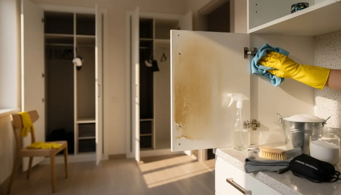 Hænder i gummihandsker rengør gule, fedtede køkkenskabe i en lille lejlighed med rengøringsmidler og åbne garderobeskabe i baggrunden.