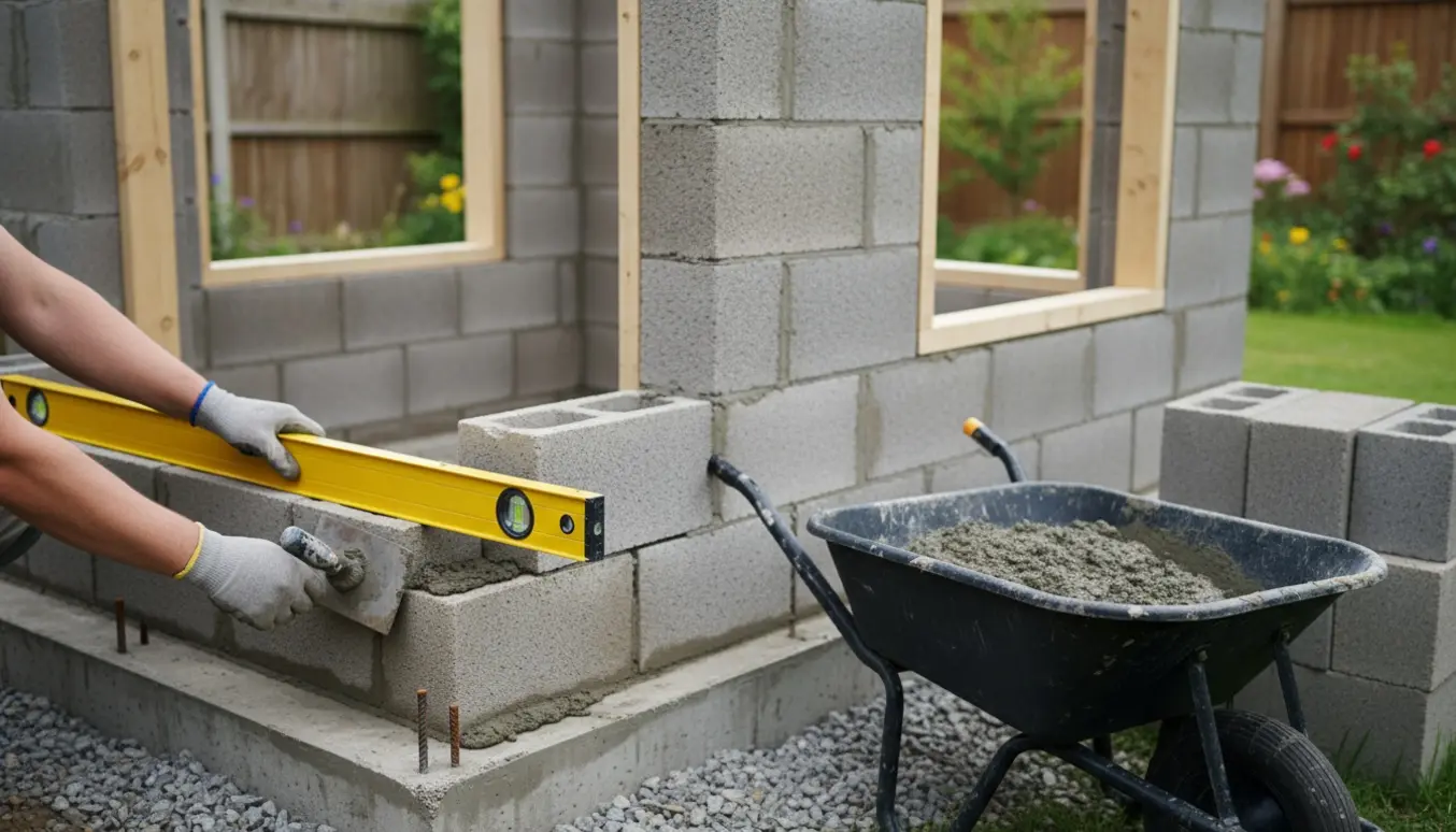 Sokkel og betonblokke opbygget til vinduesåbninger i et udhus med værktøj i forgrunden.