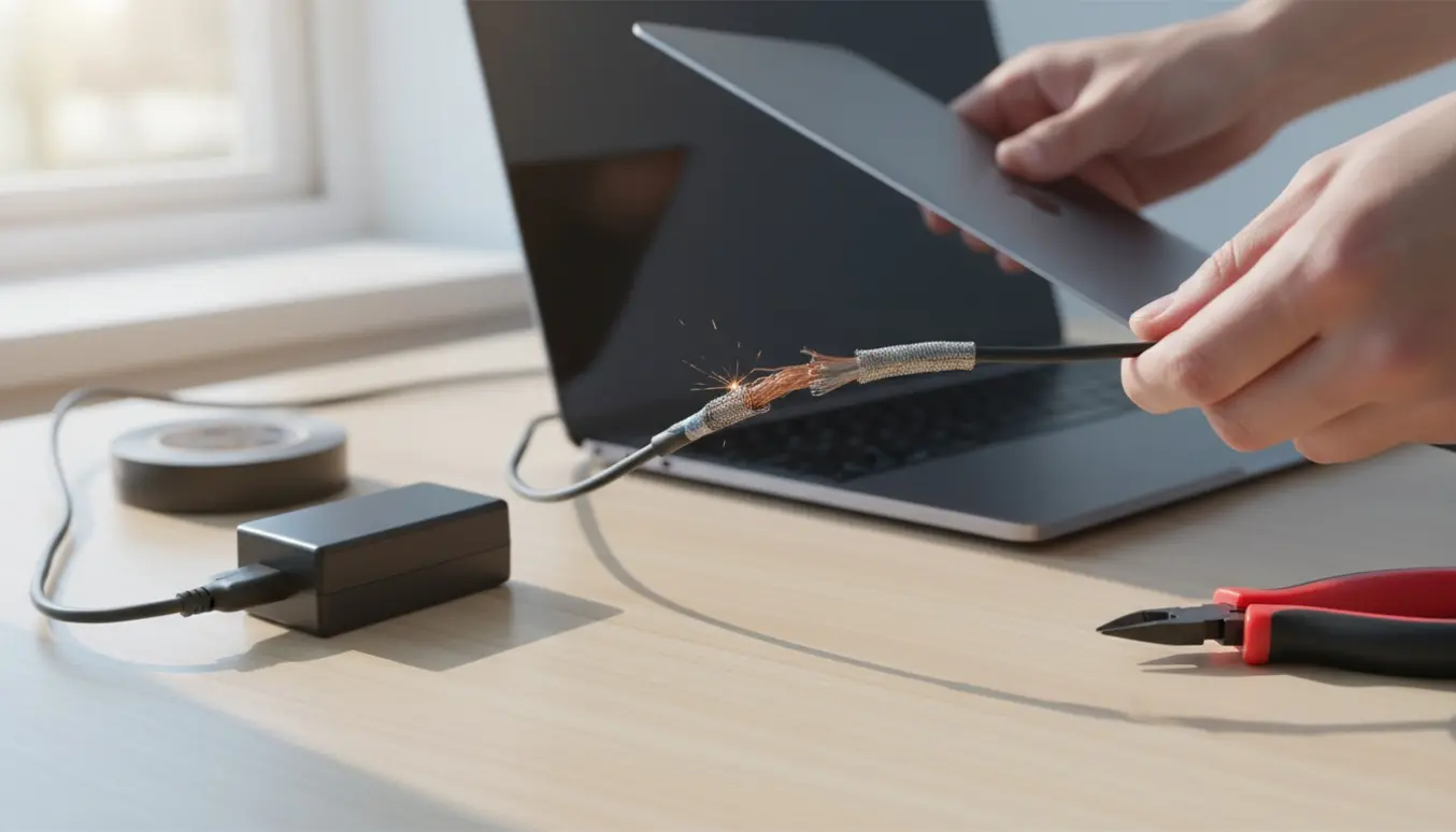 Opladerkabel med revnet plastik og synlige metalledere ved en let løftet bærbar computer.