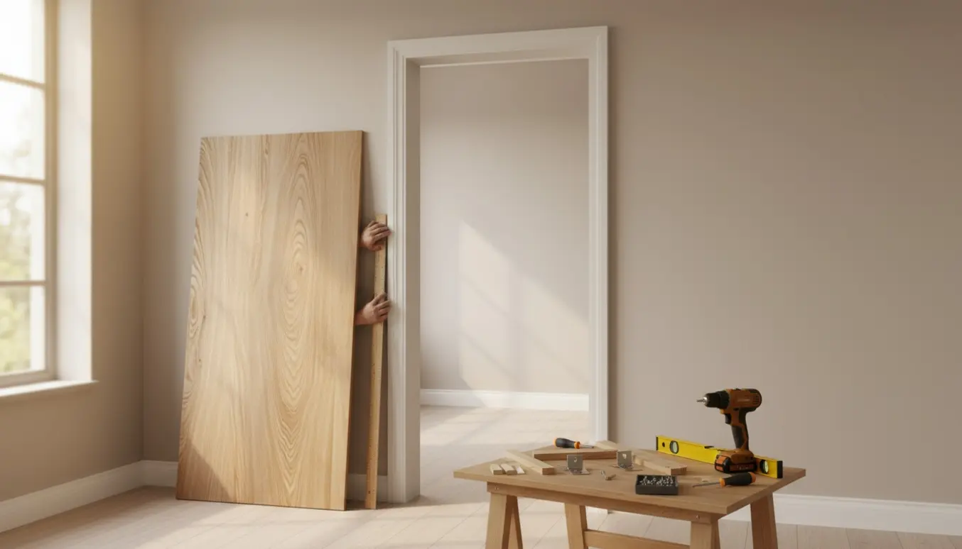Et nyt dørblad lænet mod væggen med værktøj og hænder, der måler en døråbning i et nymalet værelse.