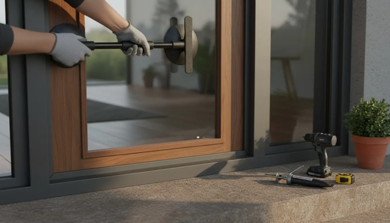Nærbillede af montering af glasindsats i en moderne træ/alu yderdør med værktøj på trappetrinet.