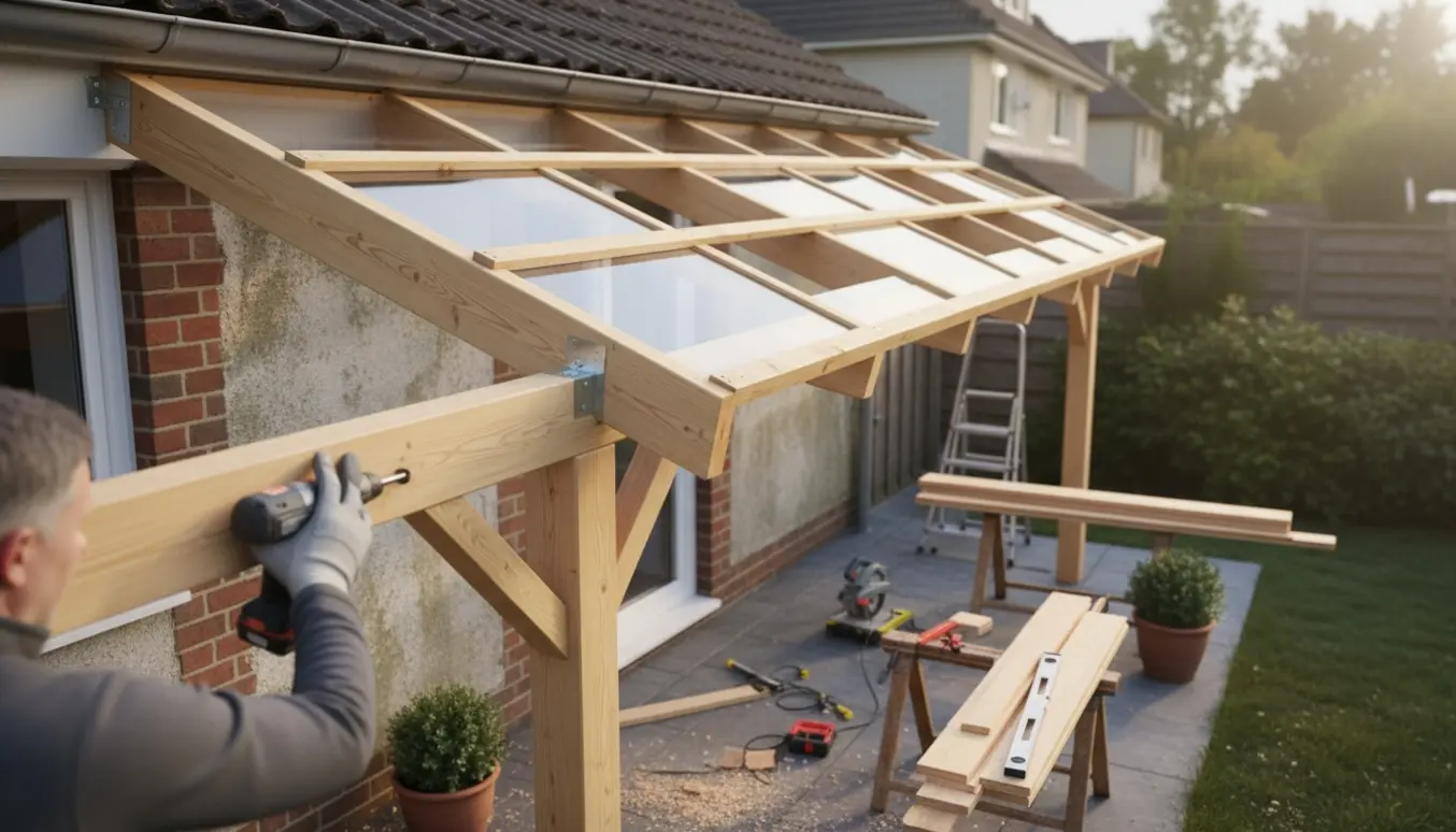 Halvtag under montering over en terrasse med træbjælker og værktøj, uden synlige ansigter.