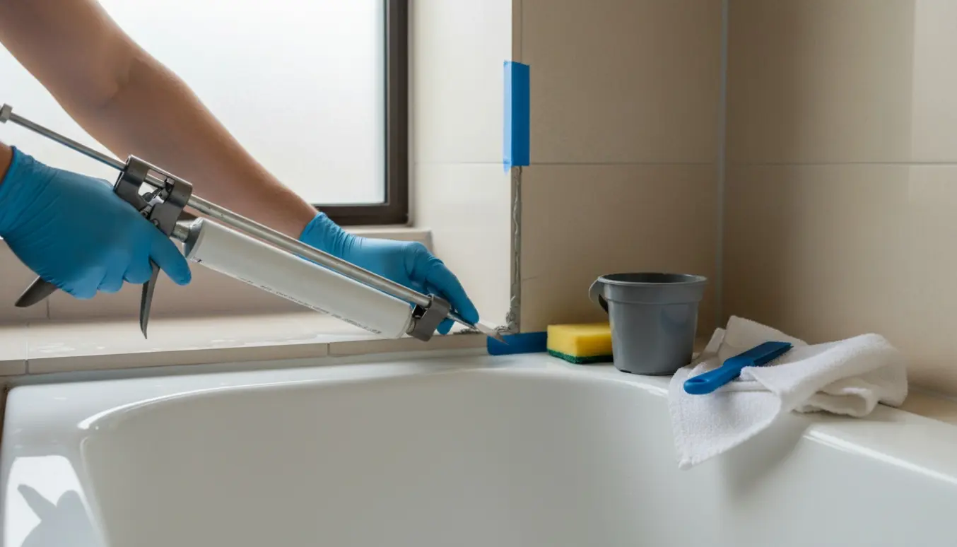 Nærbillede af hænder, der fjerner gammel grå silikone og forbereder at påføre ny hvid fuge i et lyst badeværelse.